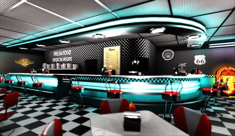 50s Diner 2 50s Diner Kitchen, Concept Restaurant, Diner Aesthetic, Bar Restaurant Design, 50's Diner, Architecture Restaurant, Diner Restaurant, 50s Diner, Diner Decor