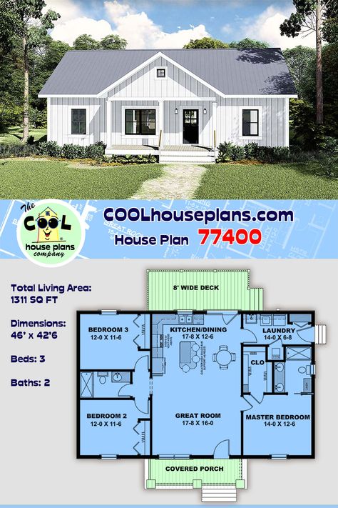 One of our best-selling ranch home plans offers affordable construction based on its simple design. An inexpensive option for a three-bedroom country home that offers everything a small family needs. Welcoming decks, an open floor plan, great curb-appeal and an entry mud/utility entrance. This small house plan is available to build on a slab or crawlspace foundation. Building your new house is easy with plans from COOL House Plans. #houseplans #COOLhouseplans #racnhhome #smallhome #floorplans Small Country Homes Plans, House Floor Plan 3 Bedroom, Simple Open Floor Plan 3 Bedroom, 3 Bedroom Tiny House Plans Open Floor, Three Bedroom Cottage Plans, Open Floor Plan 3 Bedroom 2 Bath, Floor Plan 3 Bedroom 2 Bath, Medium Sized House Plans, Small 3 Bedroom 2 Bath House Plans