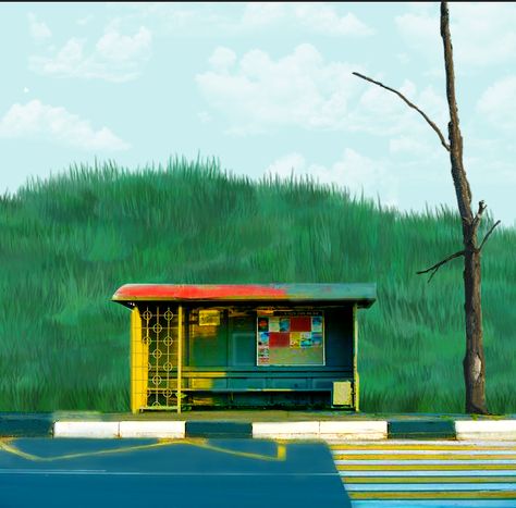 Anime Bus Stop, Bus Stop Painting, Creative Bus Stop, Bus Stop Illustration, Bus Stop Drawing, Bus Stop Design, Bus Shelters, Bus Card, Graphic Design Elements