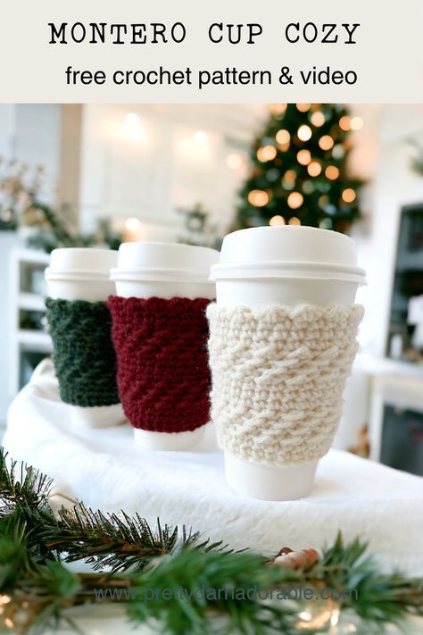 The Montero free crochet cup cozy pattern is perfect for anyone – from beginners to advanced crocheters. This beautiful texture is a twist on the crunch stitch – a simple combination of half double crochet and slip stitch.This coffee sleeve is the perfect gift for the holiday season, or a unique craft fair item be sure to print off some coffee sleeve templates to offer with your cozies.rn Free Crochet Cup Cozy, Coffee Sleeve Pattern, Coffee Cozy Pattern, Cup Cozy Crochet Pattern, Crochet Craft Fair, Cup Cozy Pattern, Crochet Mug Cozy, Crochet Coffee Cozy, Crochet Cup Cozy