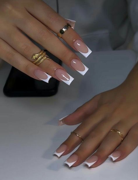 Medium Square Nails French Tips, White And French Tip Nails, French Nails Plain, Square Medium French Tip Acrylic Nails, Nails White Design Square, French Nails Acrylic White, White With Accent Nails, Latina French Tip Nails, French Nails Square Design