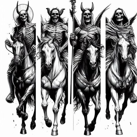 Four Horsemen Of The Apocalypse Tattoo, Apocalypse Tattoo, Bull Skull Tattoos, Horse Tattoo Design, Armband Tattoos, Horsemen Of The Apocalypse, Arte Alien, Spooky Tattoos, Sketch Tattoo Design