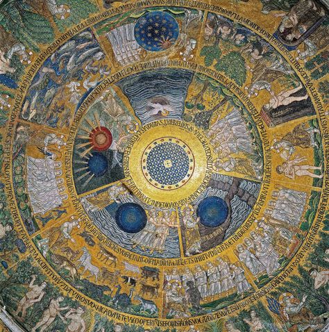 The seven days of Creation and the story of Adam & Eve until expulsion from Eden Basilica di San Marco, Venice, Italy  Cupola of the Creation or Genesis, (mosaic) by Italian School, (13th century)  Source:  revel; Yeshiva University Traditional Tattoo Painting, Seven Days Of Creation, 7 Days Of Creation, San Marco Venice, Christian Imagery, Sufi Mystic, Creation Myth, Days Of Creation, Unusual Art