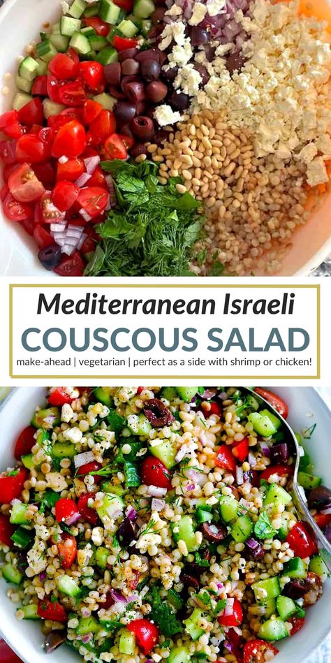 Experience the vibrant flavors of the Mediterranean with this Israeli Pearl Couscous Salad. Bursting with juicy tomatoes, briny olives, creamy feta, crisp cucumber, and aromatic fresh herbs, all enveloped in a zesty lemon garlic olive oil dressing. Ideal as a make-ahead vegetarian side or a light lunch, it pairs beautifully with grilled halloumi, chicken, or shrimp. Mediterranean Cous Cous Salad Recipes, Mediterranean Pearl Couscous Salad, Could Cous Salad, Healthy Couscous Salad, Coucous Salad Recipes Feta, Pearl Cous Cous Salad, Halloumi Chicken, Couscous Salads, Moroccan Couscous Salad