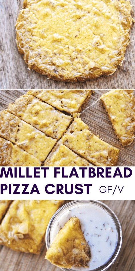 Millet Pizza, Cheesy Garlic Bread Sticks, Flatbread Pizza Crust, Garlic Bread Sticks, Coconut Flour Pizza Crust, Cheesy Garlic Bread Recipe, Vegan Sauce Recipes, Cheese Alternatives, Gluten Free Pizza Crust