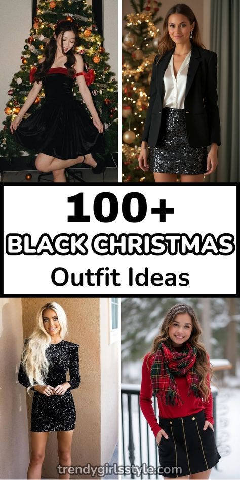 Black Christmas Outfits: 100+ Stylish Ideas to Shine This Holiday Season! From sleek dresses to bold jumpsuits, discover timeless looks perfect for festive celebrations. Effortless elegance for every occasion. Rocker Christmas Outfit, Black Skirt Christmas Party Outfit, Black And Red Holiday Outfit, Holiday Black Dress, All Black Holiday Party Outfit, Black Dress For Holiday Party, All Black Christmas Outfit, Black Christmas Outfit, Christmas Cocktail Party Outfit