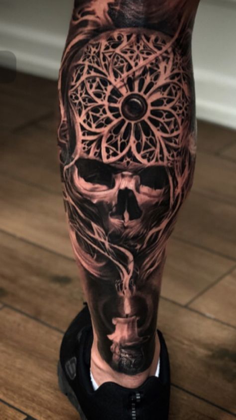 Calf Tattoo Men, Best Leg Tattoos, Full Leg Tattoos, Skull Sleeve Tattoos, Skull Sleeve, Muster Tattoos, Leg Tattoo Men, Leg Sleeve Tattoo, Cool Tattoos For Guys