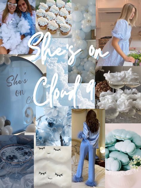 Blue Party Theme | Cloud Party Idea | Bachelorette Party Idea | She’s on Cloud 9 | Birthday Party | Bridal Shower | Baby Shower| Mood Board | Inspo Board | Cocktails | Flowy Dress | Party Decor | Classy Party | White Party Theme | Glitter | PJs | Balloons | Pastries | Macaroon | Background | Winter Bridal Shower Ideas On Cloud Nine, Bachelorette Party Themes Dress Up, Cloud Nine Bachelorette Outfits, Cloud Nine Hens, On Cloud Nine Party Decor, Icy Bachelorette Party, On Cloud Bride Bachelorette, Bachelorette Cloud 9 Theme, Teal Bachelorette Party Decor