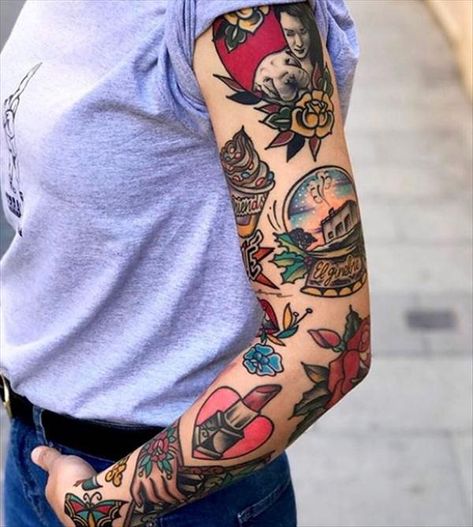 Many Tattoos, Tato Maori, Tato Tradisional, Neotraditional Tattoo, Traditional Sleeve, Western Tattoos, Traditional Tattoo Sleeve, Elbow Tattoos, Disney Tattoo