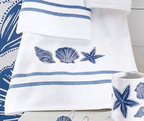 Azul Coastal Shells Bath Towel Embroidered Shell, Coastal Bedroom Furniture, Coastal Accessories, Decorative Bath Towels, Sea Print, Fingertip Towels, Bathroom Reno, Cotton Hand Towels, Towel Beach