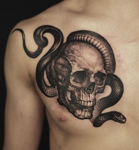 What Does A Snake Tattoo Symbolize? Alexander Grim, Snake Tattoo Meaning, Traditional Snake Tattoo, Cobra Tattoo, Ouroboros Tattoo, Small Chest Tattoos, Tattoo Chest, Snake Tattoo Design, Skull Tattoo Design