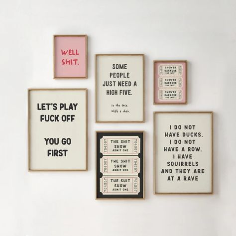 Funny Quote Posters, Bathroom Wall Collage, Gallery Wall Posters, Big Wall Decor Ideas Bedroom, Wall With Quotes, Funny Wall Quotes, Poster Wall Ideas, Retro Ticket, Wall Art Words