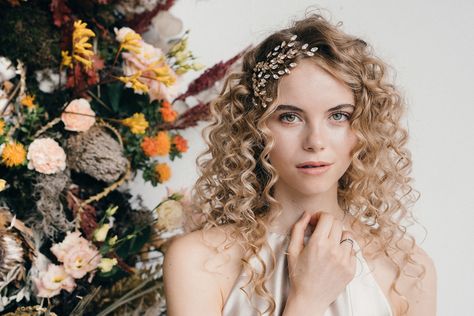 Curly haired bride Three Nova hairpins by Debbie Carlisle with three matching gold star hairpins from How To Style Wedding Hair Accessories With Curly Hair #weddingaccessories #bridalaccessories #bridalheadpiece #hairvine #hairpins #weddinghair #weddinghairideas #curlyhairedbrides Hair With Hair Jewelry, Floral Wedding Hair, Wedding Hair Vine, Crystal Hair Vine, Bohemian Bridal, Flower Crystal, Bridal Hair Flowers, Bridal Hair Vine, Wedding Hair Pins