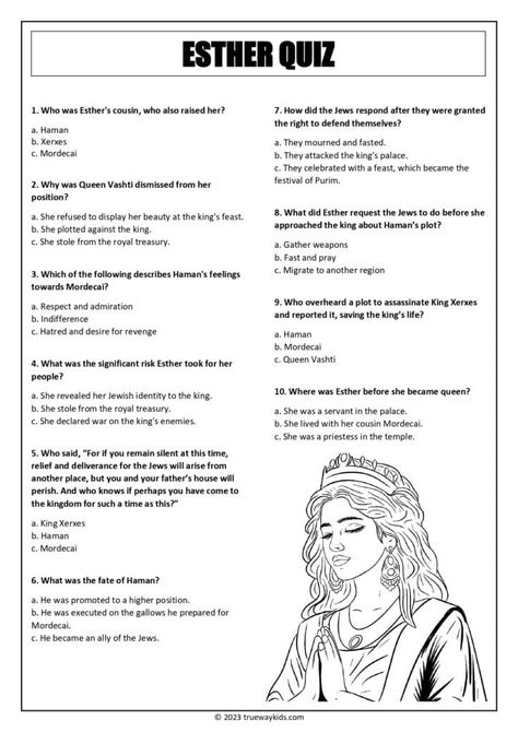 Check out this free printable Esther Bible quiz worksheet for youth! It's a multiple-choice quiz that will test their knowledge of the story of Esther. Perfect for Sunday school, Bible study, or homeschooling. Click the link to download your free copy! #Esther #BibleLesson #YouthGroup #FreePrintable #TruewayTeens Esther Bible Study For Kids, Esther Verses, Esther Bible Study Notes, Ester In The Bible, Bible Study Activities For Women, Esther Bible Crafts, Esther Bible Journaling, Esther Fast, Discipleship Ideas