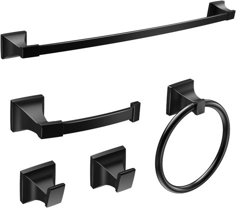 Amazon.com: GIMBELEN Bathroom Hardware Set Matte Black Wall Mounted Bathroom Towel Bar Set Hardware Accessories Set 5 Pieces Includes 18 Inch Towel Bar, Towel Ring, 2 Robe Towel Hooks, Toilet Paper Holder : Tools & Home Improvement Black Bathroom Accessories Set, Matte Black Bathroom Accessories, Black Bathroom Hardware, Black Towel Bar, Matte Black Wall, Matte Black Bathroom, Black Bathroom Accessories, Bathroom Hardware Set, Bathroom Towel Bar