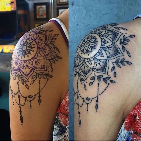 Shoulder Cap Tattoos For Women, Shoulder Piece Tattoo, Mandala Tattoo Shoulder, Mandala Tattoos For Women, 27 Tattoo, Model Tattoos, Women's Shoulder Tattoo, Shoulder Cap Tattoo, Tattoo Placements