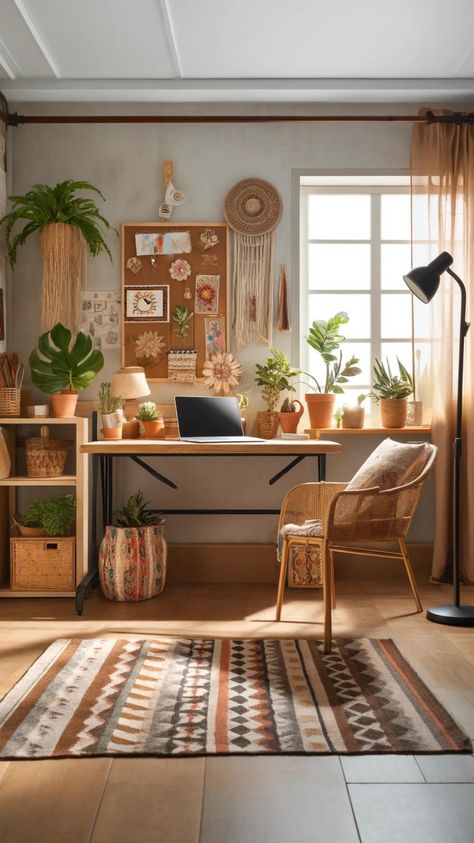 Create a cozy office space with bohemian trends for your feminine home office. Mix boho style room elements with scandi boho interiors for a chic workspace. Use office organization tips and cozy room decor to keep your office functional and beautiful. Perfect for a stylish home office makeover.  #femininehomeoffice #bohemiantrends #bohostyleroom #scandibohointerior #homeofficeforwomen #cozyroomdecor #officedecor #femininedecor #officeorganization #decoration Boho Study Table, Office Ideas Boho Chic, Cozy Workspace Offices, Small Boho Office, Earth Tone Home Office, Bohemian Home Office Decor, Farm Office Ideas, Apothecary Office, Boho Study Room