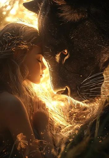 ↑↑↑ Larger size on website 🔸 A young woman with flowing blonde hair is embracing a black panther, their foreheads touching in a m Foreheads Touching, Amber Eyes, Kehlani, Golden Light, Ethereal Beauty, Black Panther, Young Woman, Woman Face, Panther