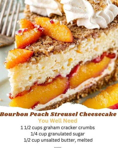 (5) Bourbon Peach Streusel Cheesecake... - Comfort Food Recipes | Facebook Peach Streusel, Comfort Food Recipes, Bake Desserts, Graham Cracker Crumbs, Graham Cracker, Graham Crackers, Granulated Sugar, No Bake Desserts, 2 Cups