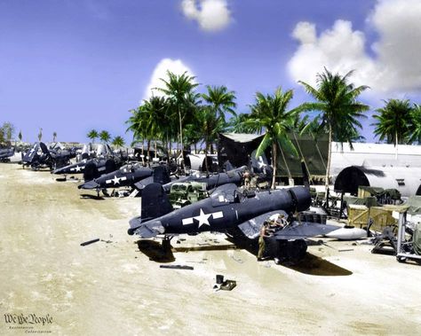 USMC F4U-1Ds at one of many South Pacific forward airstrips . . . Black Sheep Squadron, Wwii Fighter Planes, Us Navy Aircraft, F4u Corsair, Fly Navy, Wwii Airplane, Wwii Fighters, Colorized Photos, Wwii Plane