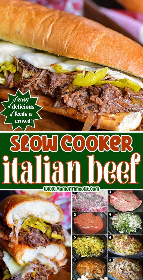 Irresistible Slow Cooker Italian Beef Sandwiches are quick and easy to make! Juicy, tender, flavorful Italian Beef made right in your slow cooker with just a handful of ingredients. Pepproncinis, provolone cheese and melt-in-your-mouth beef makes the best Italian Beef Sandwiches. Great for game day or an easy weeknight dinner! | MomOnTimeout.com Best Beef Dip Sandwiches, Crock Pot Hot Beef Sandwiches, Pulled Beef Sandwiches Slow Cooker, Italian Beef Sliders Hawaiian Rolls, Crockpot Beef Sandwiches, Italian Roast Beef Sandwiches, Game Day Meals, Slow Cooker Italian Beef Sandwiches, Beef Sandwiches Crock Pot