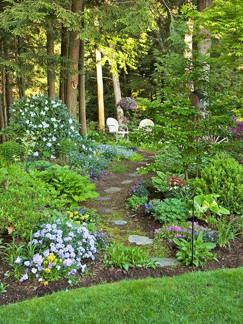 Two Men and a Little Farm: WOODLAND LANDSCAPING, INSPIRATION THURSDAY Shade Landscape, Reka Bentuk Landskap, Small Cottage Garden Ideas, Shade Garden Design, Backyard Pond, Pond Ideas, Gardening Design, Pergola Ideas, Desain Lanskap