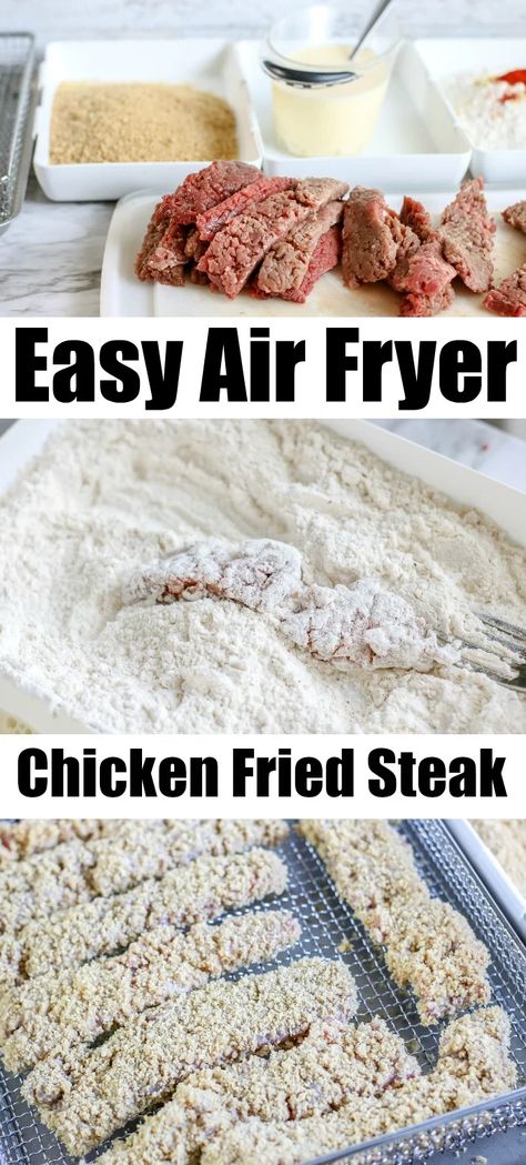 Air fryer chicken fried steak is a yummy comfort food that's great for dinner or an appetizer. Crunchy finger food that's tender inside and a gravy dip! #airfryer #ninjafoodi #chickenfriedsteak #steak #airfryerrecipes #ninjafoodirecipes #dinner Air Fryer Steak Fingers Recipe, Air Fryer Steak Fingers, Chicken Fried Steak Air Fryer, Steak Airfryer, Air Fryer Chicken Fried Steak, Steak Fingers, Tefal Actifry, Fried Steak Recipes, Air Fryer Steak