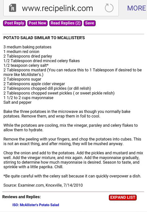 A KEEPER! McAlister's Deli Potato Salad....PERFECT! Tastes just like it. ☆Made 9/2/17 RG☆ I doubled the recipe except for the mustard and mayo. Mcallister's Potato Salad, Mcalister's Potato Soup Recipe, Mcalister's Potato Salad Recipe, Deli Potato Salad Recipe, Poor Mans Stew, Summer Potluck Recipes, Italian Salad Dressing, How To Double A Recipe, Gf Recipes