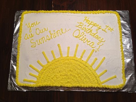 You Are My Sunshine first birthday sheet cake                                                                                                                                                                                 More Sun Sheet Cake, Sunshine Sheet Cake, First Birthday Sheet Cake, Easy Cakes For Kids, Birthday Sheet Cake, Cake Themes, Sun Cake, Kids Food Crafts, Sunshine First Birthday