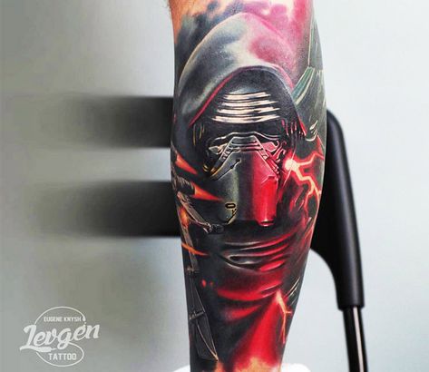 Perfect 3 colors tattoo artworks of Kylo Ren from Star Wars by artist Levgen Tattoo | Post 13198 | World Tattoo Gallery - Best place to Tattoo Arts Kylo Tattoo, Starwars Design, Star Wars Tattoo Sleeve, Nerd Tattoos, Celtic Tattoos For Men, Tattoo Star, Nerd Tattoo, Rose Tattoos For Men, Movie Tattoo