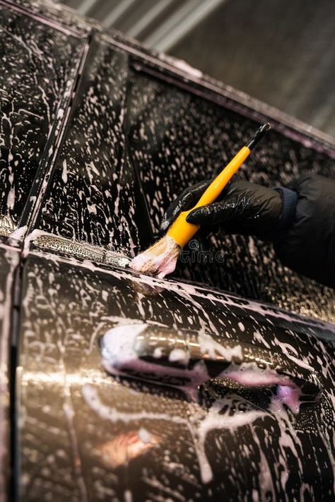 Washing car using brush and applying foam. Car detailing wash at car wash. Close up image of washing car glass using stock photography Foam Hand Soap, Auto Wash, Car Glass, Vector Christmas, Door Glass, Photo Art Gallery, Auto Glass, Christmas Vectors, Car Care