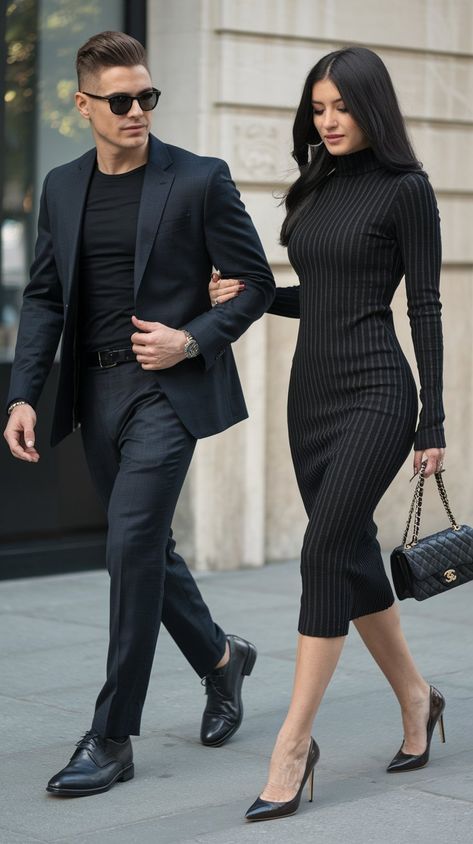 Step out in style with this stunning couple's outfit inspiration! The sleek black suit paired with a fitted black tee exudes modern sophistication, while the striking black ribbed dress with a turtleneck adds a touch of class and allure. Whether it's a romantic dinner or a night out on the town, this look is perfect for making a statement.
#fallfashiontrends #fallfashion #autumnfashion #outfitideas #womanoutfitideas #fashioninspo #fashiondesign Black Sleek Outfit, Black Couple Date Night Outfit, Couple Dinner Date Outfit, Date Dress Outfit, Couple Date Night Outfits, New Years Eve Outfits Classy, Couple Date Night, Professional Shoot, Nye 2024