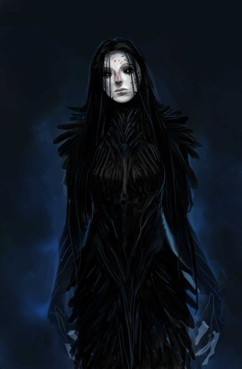 King Oberon Art, The Raven Queen Dnd, Raven Queen Dnd, Shadar Kai Female, The Raven Queen, Shadar Kai, Rough Drawing, Kai Arts, Raven Queen