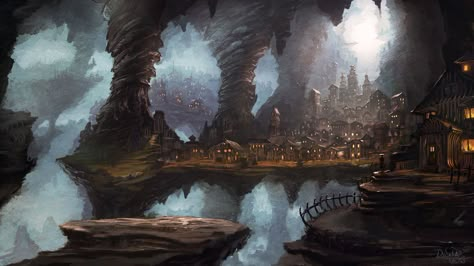 Cave town by *IIDanmrak on deviantART Dwarven City, Cave City, Underground Cities, Fantasy Background, Landscape Concept, Fantasy Images, Fantasy City, Biome, Fantasy Setting