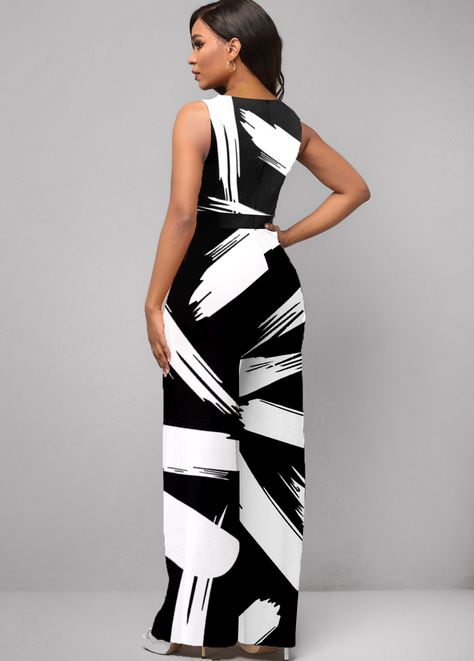 Graffiti Print Belted White Split Neck Jumpsuit | Rosewe.com - USD $24.28 Jumpsuit Elegant Chic Classy, Jumpsuit Elegant Chic, Black Jumpsuits, Black White Jumpsuit, Classy Dresses, Plus Size Cocktail Dresses, Split Legs, Jumpsuit Elegant, Jumpsuit Pattern