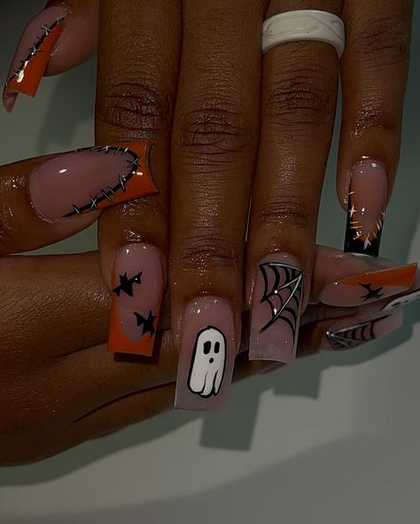 spooky 👻🕸️✨ #orangenails #patchnails #patchwork #spidernails #spookynails #halloweennails #halloween #ghostnails #fallnails #nailreels #nailvideos #blacknailtech #frenchnails #frenchtipnails #blacknails #taperedsquarenails #coffinnails #nailart #nailartist #handpaintednailart #tampanails #tampanailtech #813nails #813nailtech #clearwaternails #stpetenails #newportricheynails #vbeautypure Tapered Square Nails, Painted Nail Art, Orange Nails, French Tip Nails, Black Nails, Nail Artist, Nail Tech, French Nails, Halloween Nails