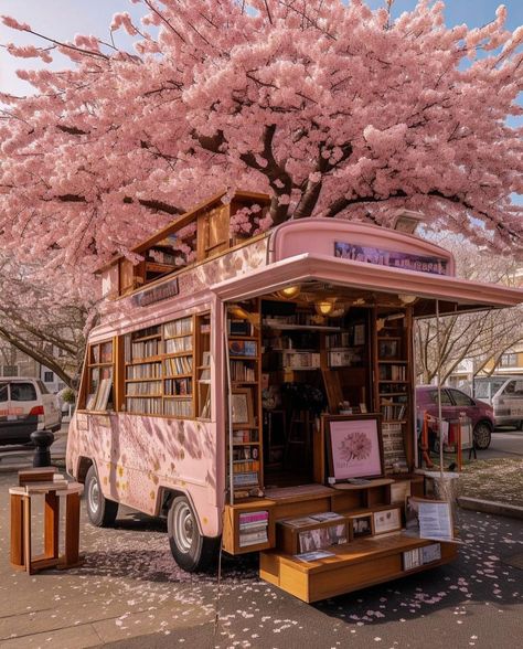 #cute #kawaii #aesthetic #pink #cherry blossom #pink aesthetic #cute core #pink core #lovely #photooftheday #photoshoot #photography #library #books aesthetic #sakura #nature #flowers Tea Truck, Vanlife Diy, Library Cafe, Mobile Library, Bookstore Cafe, Dream Library, Library Aesthetic, Book Cafe, Pink Books