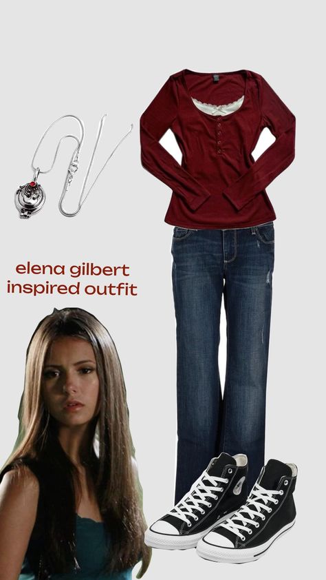 tvd fans rise up #fyp #outfit #tvd 2000s Fashion Elena Gilbert, Elena Outfits Tvd, Vampire Diaries Outfits Aesthetic, 2005 Style Outfits, Tvd Halloween Costumes Inspired Outfits, Elena Tvd Outfits, Elana Outfit, Elena Gilbert Outfits Inspired, Movie Characters Outfits