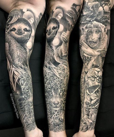 Animal safari tattoo in black and grey with a leopard, owl, monkey and sloth Zoo Tattoo, Sloth Tattoos, Safari Tattoo, African Sleeve Tattoo, Aztec Tattoos Sleeve, Sloth Tattoo, Wildlife Tattoo, Africa Tattoos, Animal Sleeve