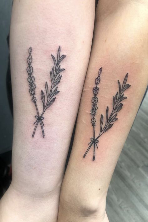 Want a minimalist tattoo to share with the love of your life?  From cute, tiny heart tattoos to symbolic designs that hold secret meanings, we've picked out our favourite couple's tattoos from Instagram and the red carpet.  Why not pick your favourite forces of nature and join them together in an inking? We think this rosemary and lavender combination is super cute. Rosemary Plant Tattoo, Lavender Rosemary Tattoo, Rosemary Tattoo Minimalist, Wooden Spoon Tattoo, Rosemary And Lavender Tattoo, Rosemary Tattoo Meaning, Rosemary Tattoos, Matching Plant Tattoos, Lavender Combination