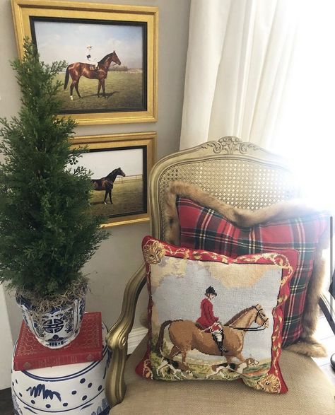 Fox Hunting Decor, Tartan Christmas Decorations, Equestrian Christmas, Hunted Interior, Fox Hunt, Holiday Throw Pillow, Equestrian Decor, Tartan Christmas, Decorating Home