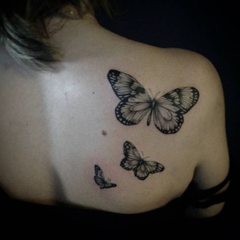 Related image Butterfly Tattoo Shoulder Blade, Tattoo Between Shoulder Blades, Three Butterflies Tattoo, Butterfly Tattoo Shoulder, Tattoo Shoulder Blade, Edgy Tattoo, Black Butterfly Tattoo, Butterfly Name Tattoo, Butterflies Tattoo