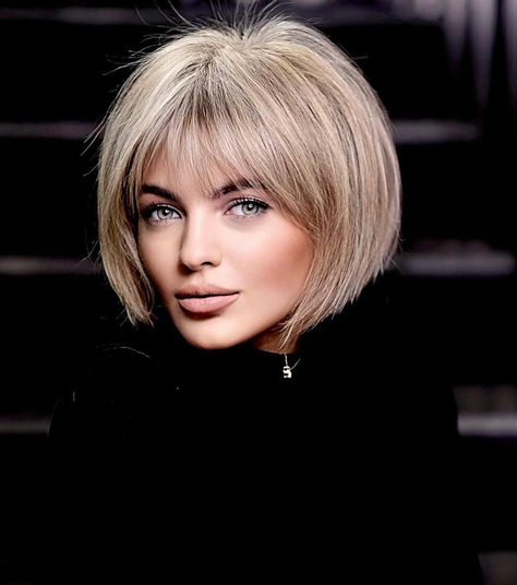 Crisp Short Straight Bob with Bangs Straight Bob With Bangs, Fringe Bob Haircut, Medium Haircuts With Bangs, Bobbed Hairstyles With Fringe, Straight Bob Haircut, Medium Length Hair With Bangs, Short Straight Bob, Bob Hairstyles With Bangs, Bob Haircut With Bangs