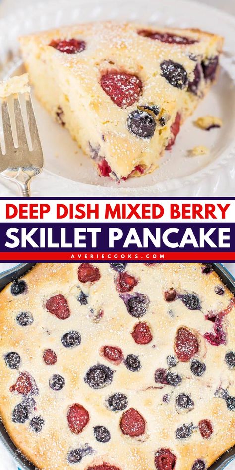 A fruit breakfast idea featuring an oven baked pancake! This simple fruit recipe for a deep dish skillet pancake also feeds a crowd. Light, fluffy, and flavor-packed, this mixed berry pancake skillet is sure to be a hit! Skillet Pancake, Averie Cooks, Easy Brunch Recipes, Brunch Recipe, Easy Brunch, Pancakes And Waffles, Deep Dish, Brunch Recipes, Skillet