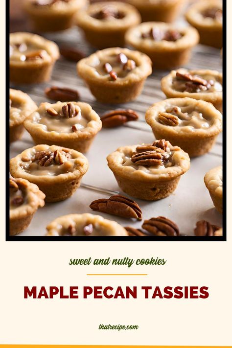 Discover these irresistible, sweet and nutty mini cookie cups! A bite-sized twist on the traditional Amish Maple Cream Pie, these Maple Pecan Tassies are easy to make and impossible to resist. Click now to explore our delightful recipe. pecan recipes | maple recipes | cookie recipes | Christmas cookies Caramel Tassies Recipe, Mini Pie Recipes, Maple Recipes, Holiday Cookie Exchange, Maple Pecan, Pecan Cookies, Cream Cheese Cookies, Quick Easy Desserts, Pecan Recipes