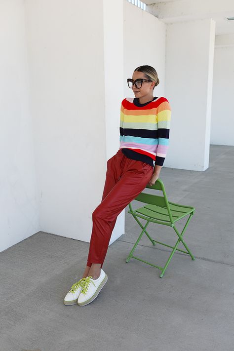 Blair Eadie wearing the rainbow striped sweater from her Atlantic-Pacific x Halogen Spring Collection, available at Nordstrom. Click through to see all of Blair's daily looks! Rainbow Sweater Outfit, Primary Aesthetic, Colorful Sneakers Outfit, Colourful Sneakers, Blair Eadie, Olive Sweater, Atlantic Pacific, Rainbow Sweater, Rainbow Fashion