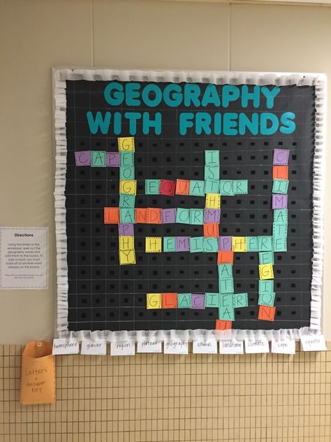 Bulletin board idea | Geography bulletin board | Words with friends | Scrabble | Social studies - if I did this again I would probably use it long-term with our spelling words! Interactive Geography Bulletin Board, Spelling Bulletin Board Ideas, Middle School Social Studies Bulletin Boards, Social Studies Bulletin Board Ideas, Geography Bulletin Board, Social Studies Bulletin Boards, History Bulletin Boards, Science Decor, Teacher Board