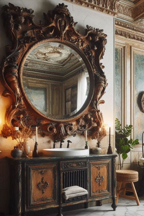 Tell a story of bygone eras with this beautifully restored antique mirror. Its patina adds character to an eclectic bathroom. #AntiqueMirror #EclecticDecor Mirror Collage, Multiple Mirrors, Victorian Mirror, Statement Mirror, Framed Mirrors, Eclectic Bathroom, Old Mirror, Smart Mirror, Mirror Ideas