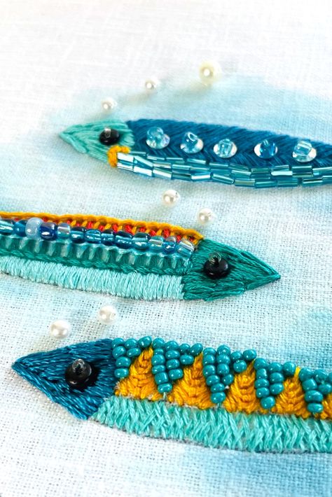 Stitched Sardine Surprise – LyndaCreates Sardine Cross Stitch, Sardine Embroidery, Fall Baby Birthday, Creative Texture, Embroidered Fish, Long And Short Stitch, Fiber Crafts, Feather Stitch, Stamp Blocks