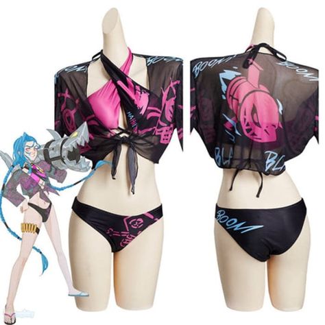 Arcane LoL Jinx Cosplay Costume Swimsuit Bikinis Set BG004 Cloak Outfit, Lol Jinx, League Legends, Jinx Cosplay, Swimsuit Cosplay, Fall Knit Sweater, Peter Pan Collar Dress, Push Up Swimsuit, Suit Swimsuit